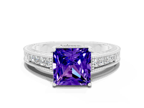 White gold Princess Cut Tanzanite Ring with Milgrain Pavé Band and Four-Prong Setting_12
