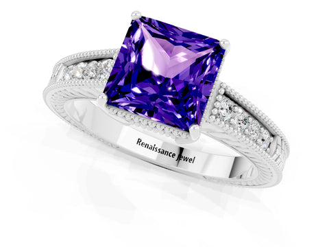 White gold Princess Cut Tanzanite Ring with Milgrain Pavé Band and Four-Prong Setting_13