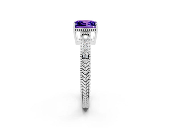 Silver Princess Cut Tanzanite Ring with Milgrain Pavé Band and Four-Prong Setting