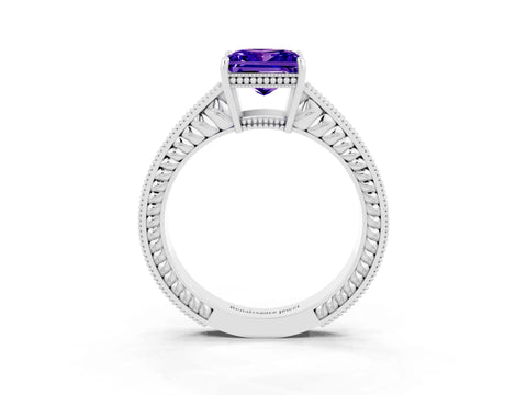 White gold Princess Cut Tanzanite Ring with Milgrain Pavé Band and Four-Prong Setting_15