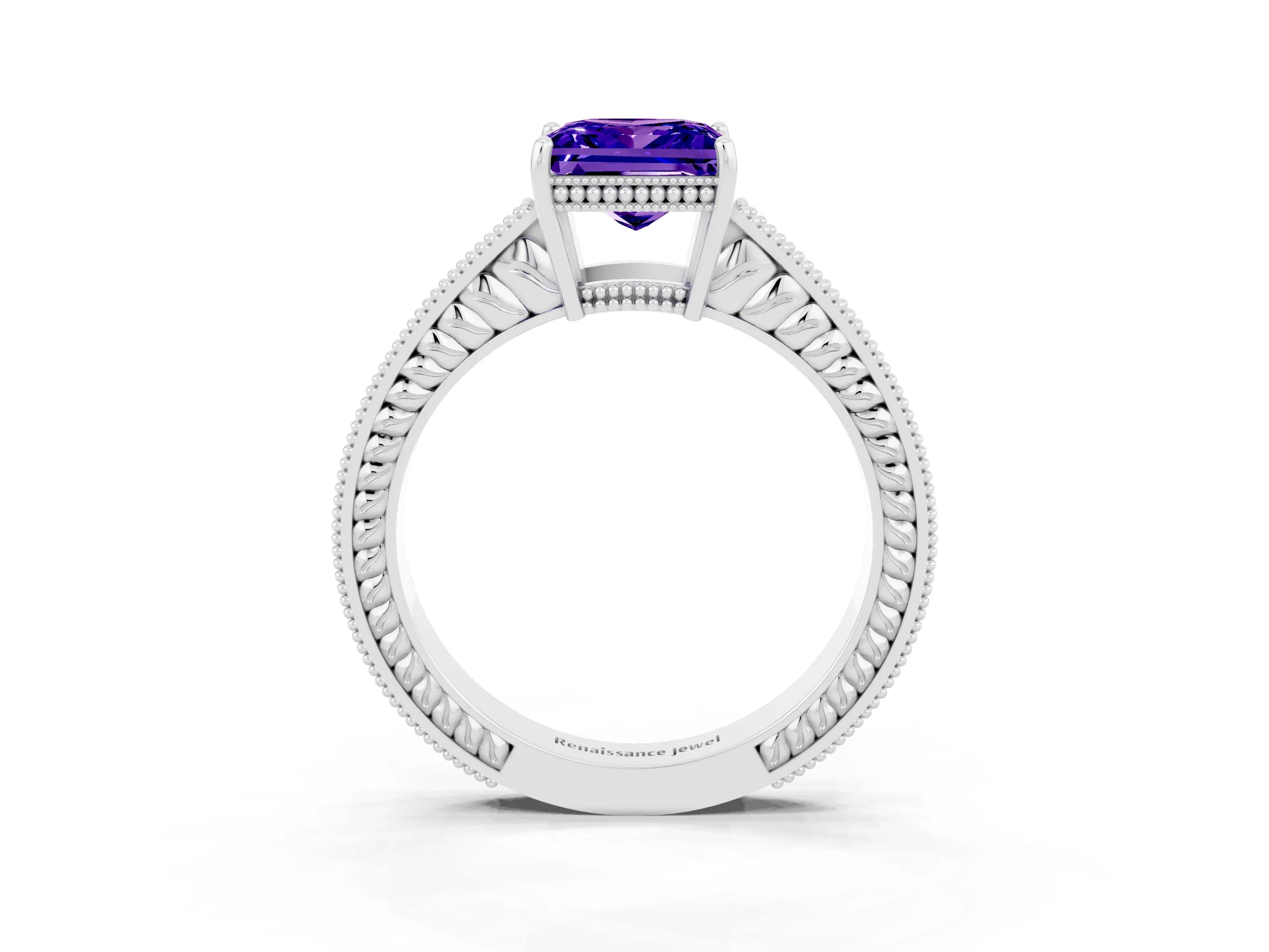 White gold Princess Cut Tanzanite Ring with Milgrain Pavé Band and Four-Prong Setting_15