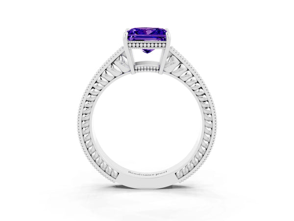 Silver Princess Cut Tanzanite Ring with Milgrain Pavé Band and Four-Prong Setting