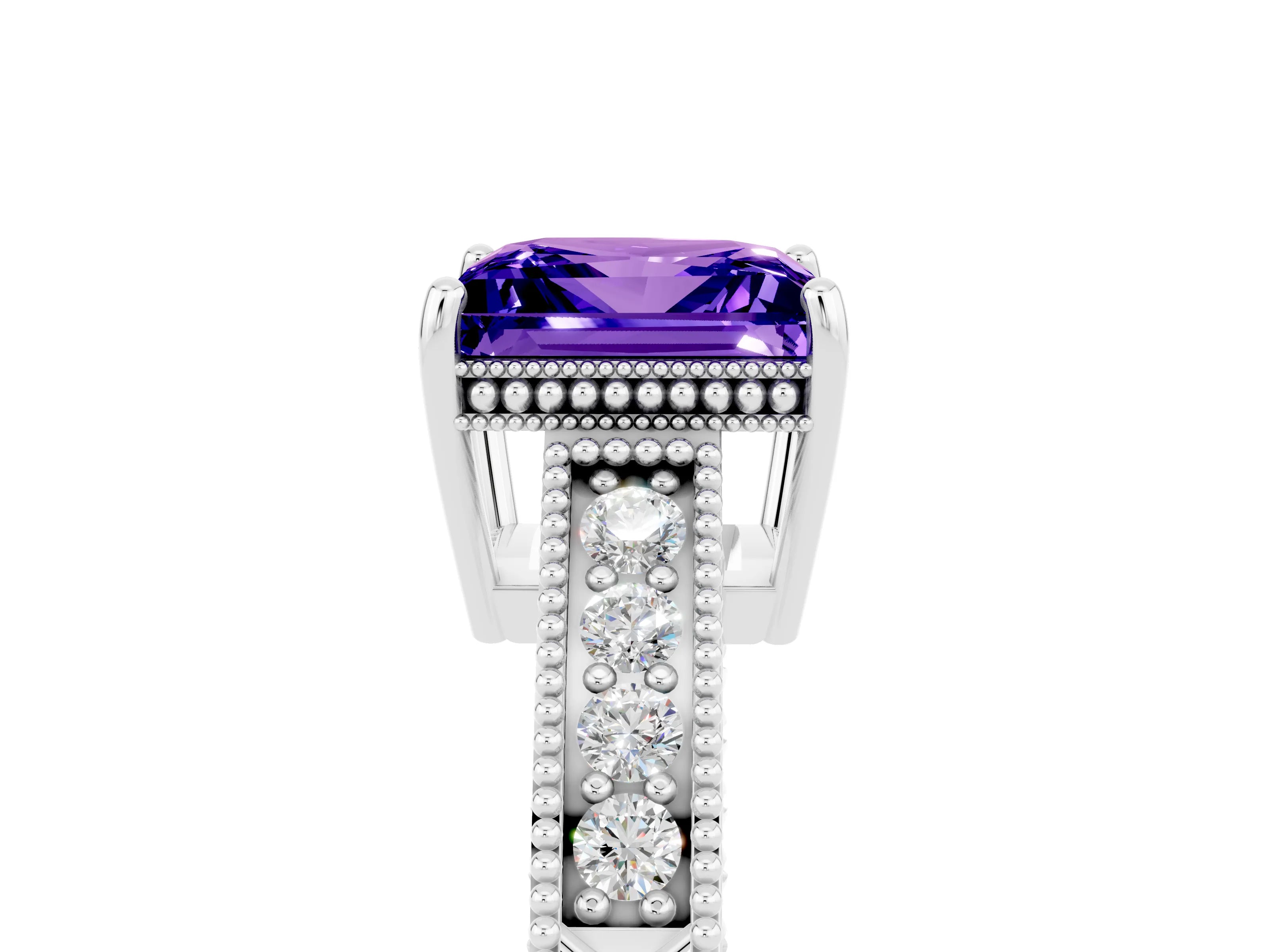 White gold Princess Cut Tanzanite Ring with Milgrain Pavé Band and Four-Prong Setting_17