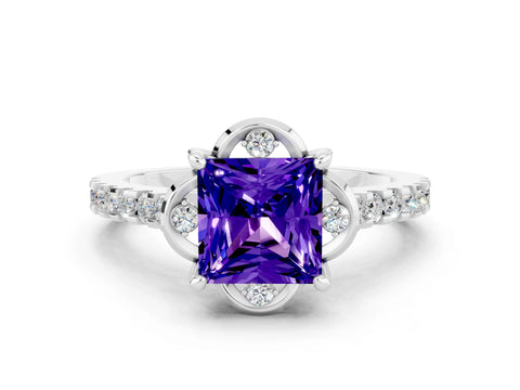 White gold Princess Cut Tanzanite Ring with Pavé Band and Floral Prong Setting