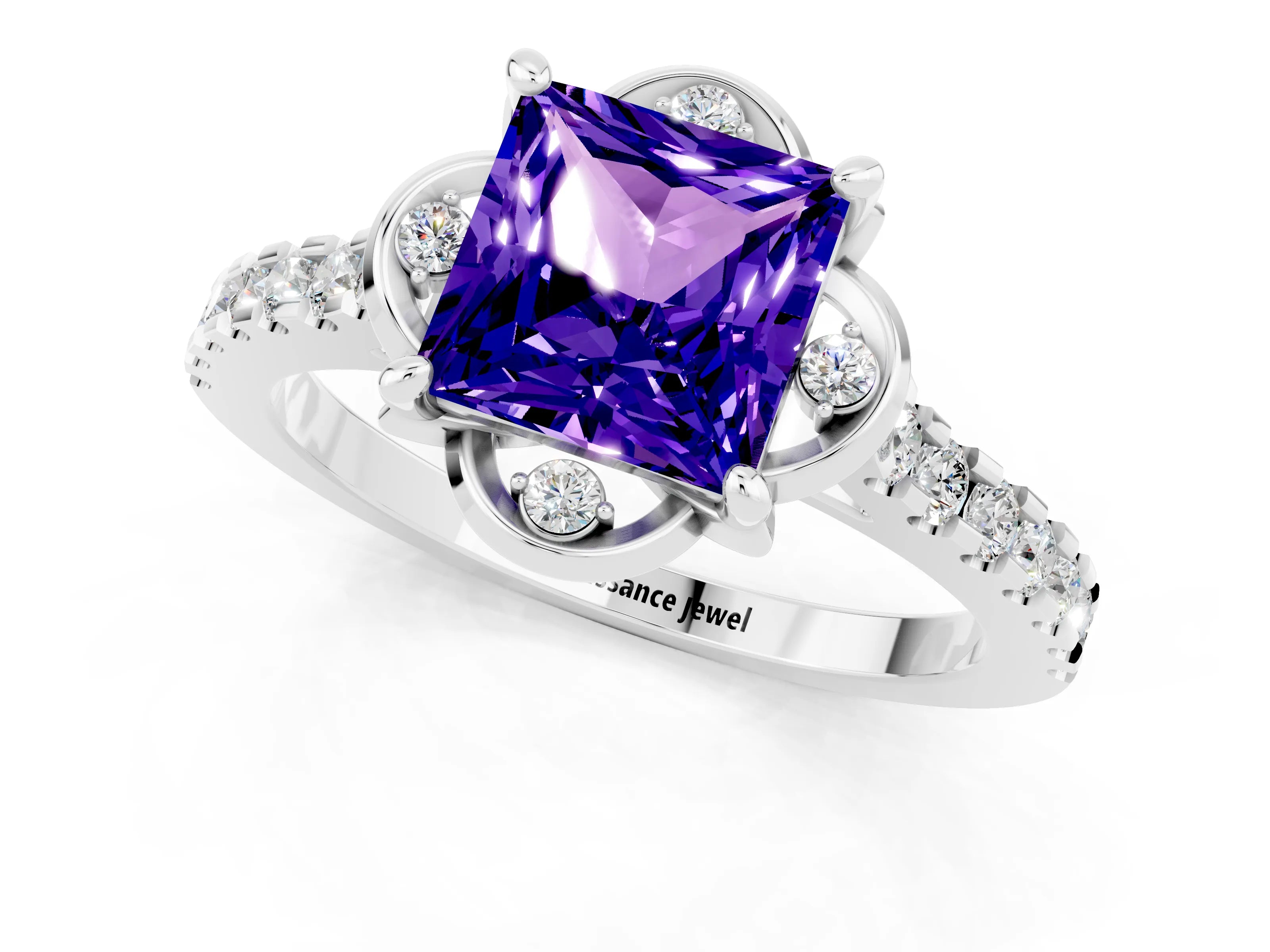 White gold Princess Cut Tanzanite Ring with Pavé Band and Floral Prong Setting_1