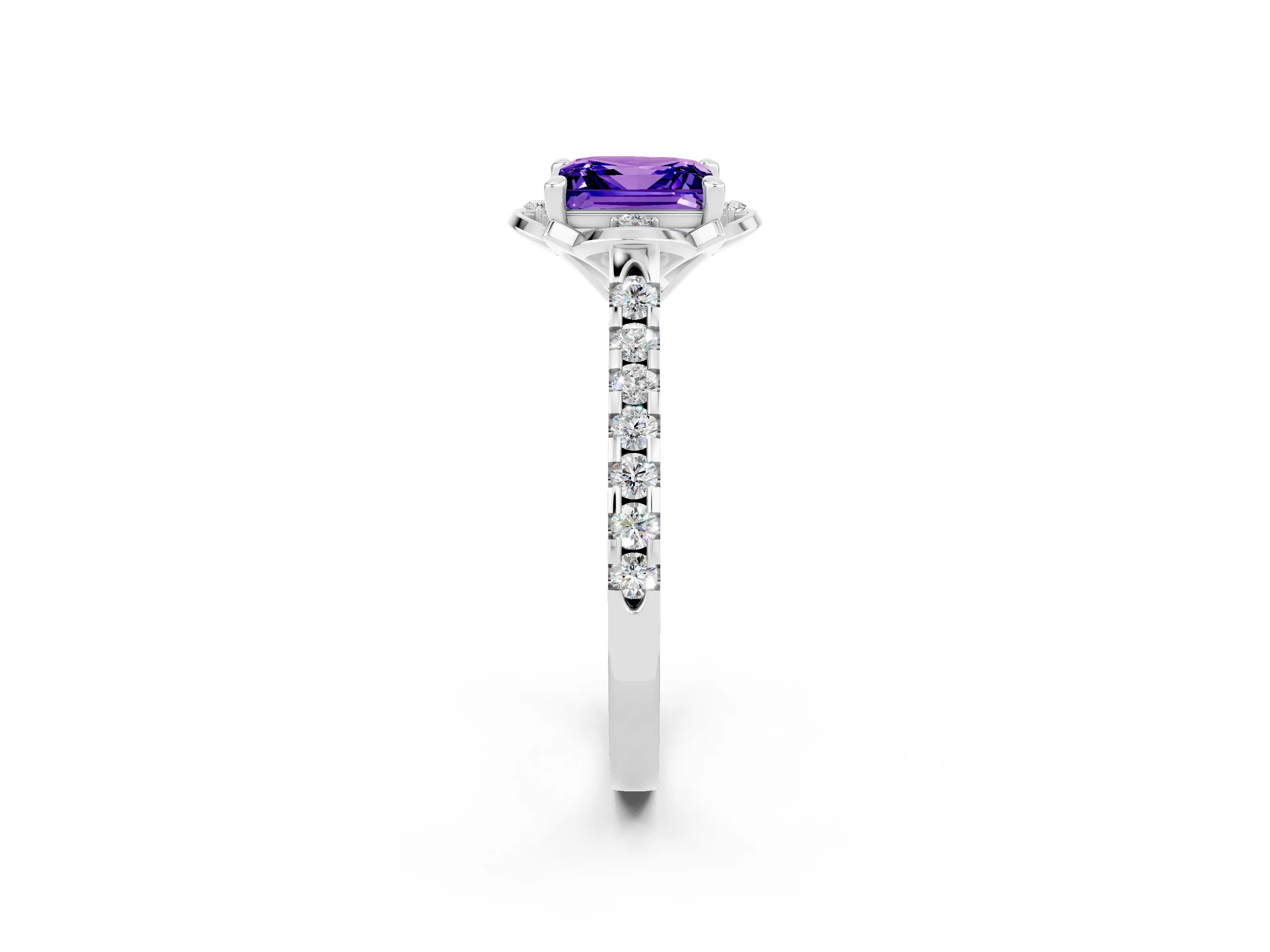 White gold Princess Cut Tanzanite Ring with Pavé Band and Floral Prong Setting_2