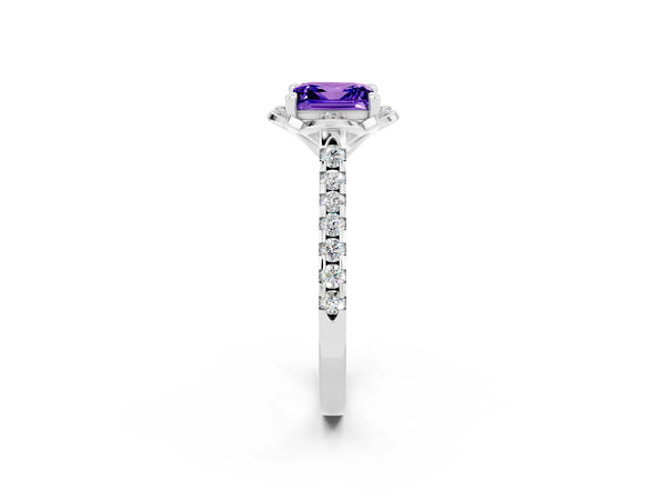 Platinum Princess Cut Tanzanite Ring with Pavé Band and Floral Prong Setting
