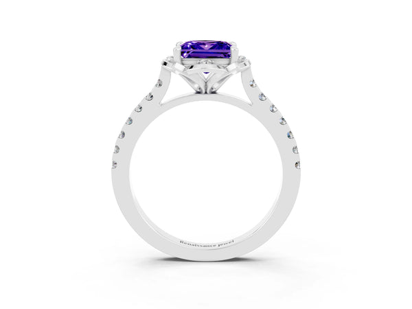 Platinum Princess Cut Tanzanite Ring with Pavé Band and Floral Prong Setting