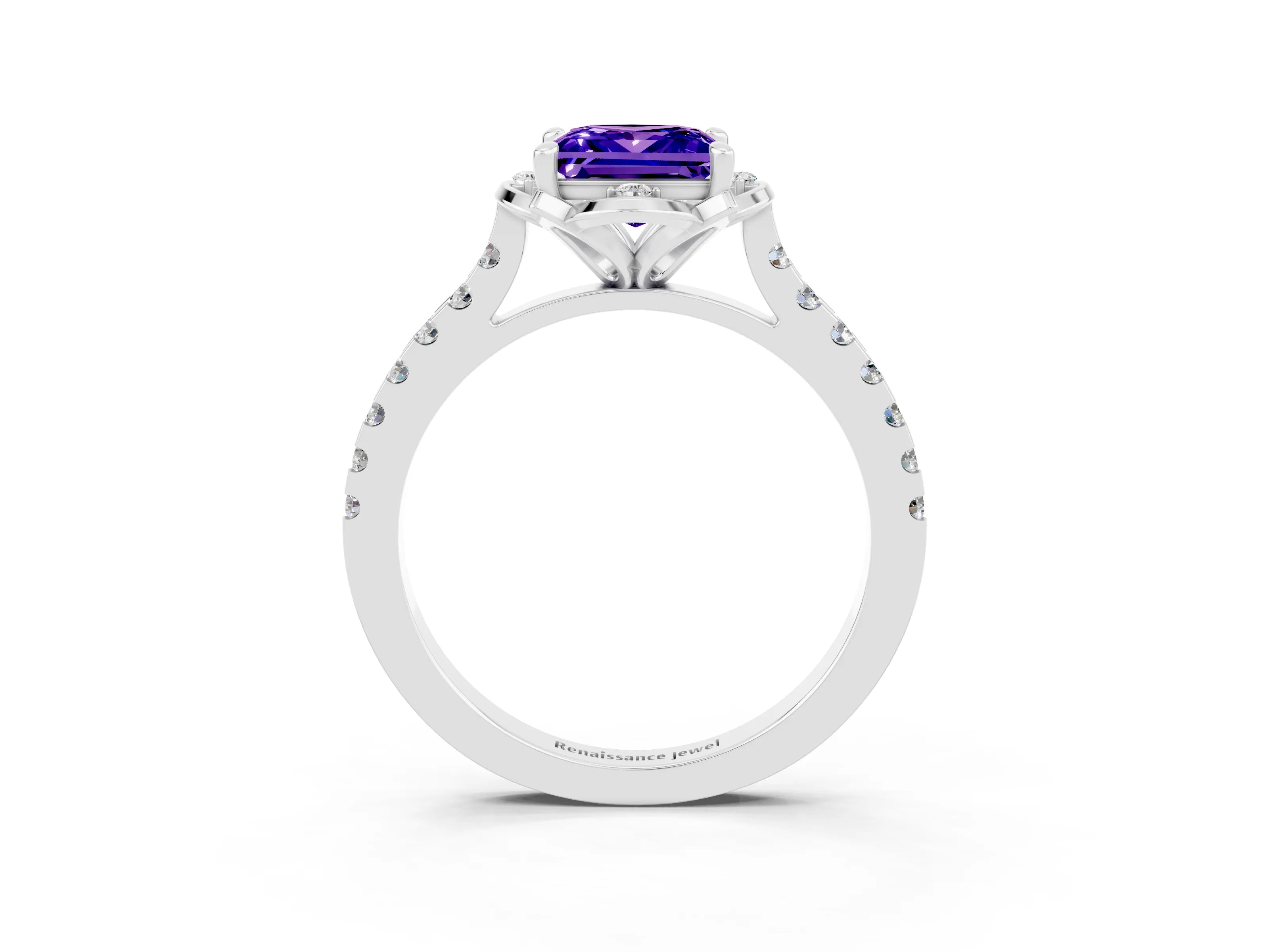 White gold Princess Cut Tanzanite Ring with Pavé Band and Floral Prong Setting_3