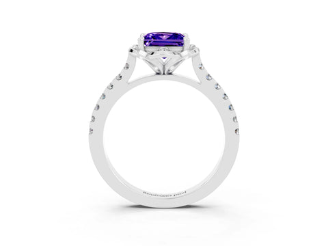 White gold Princess Cut Tanzanite Ring with Pavé Band and Floral Prong Setting_3