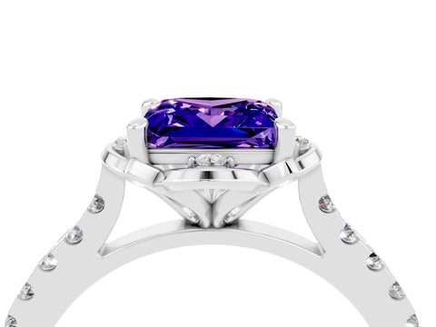 White gold Princess Cut Tanzanite Ring with Pavé Band and Floral Prong Setting_4