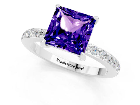 White gold Princess Cut Tanzanite Ring with Pavé Band and Four-Prong Setting_1