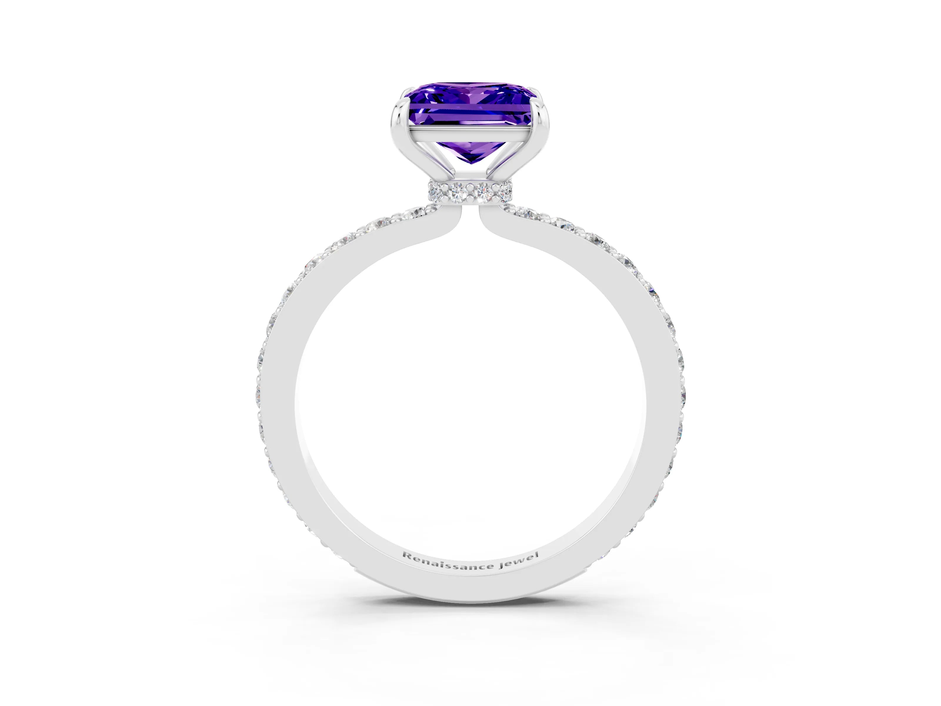 White gold Princess Cut Tanzanite Ring with Pavé Band and Four-Prong Setting_3