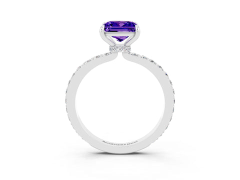 White gold Princess Cut Tanzanite Ring with Pavé Band and Four-Prong Setting_3