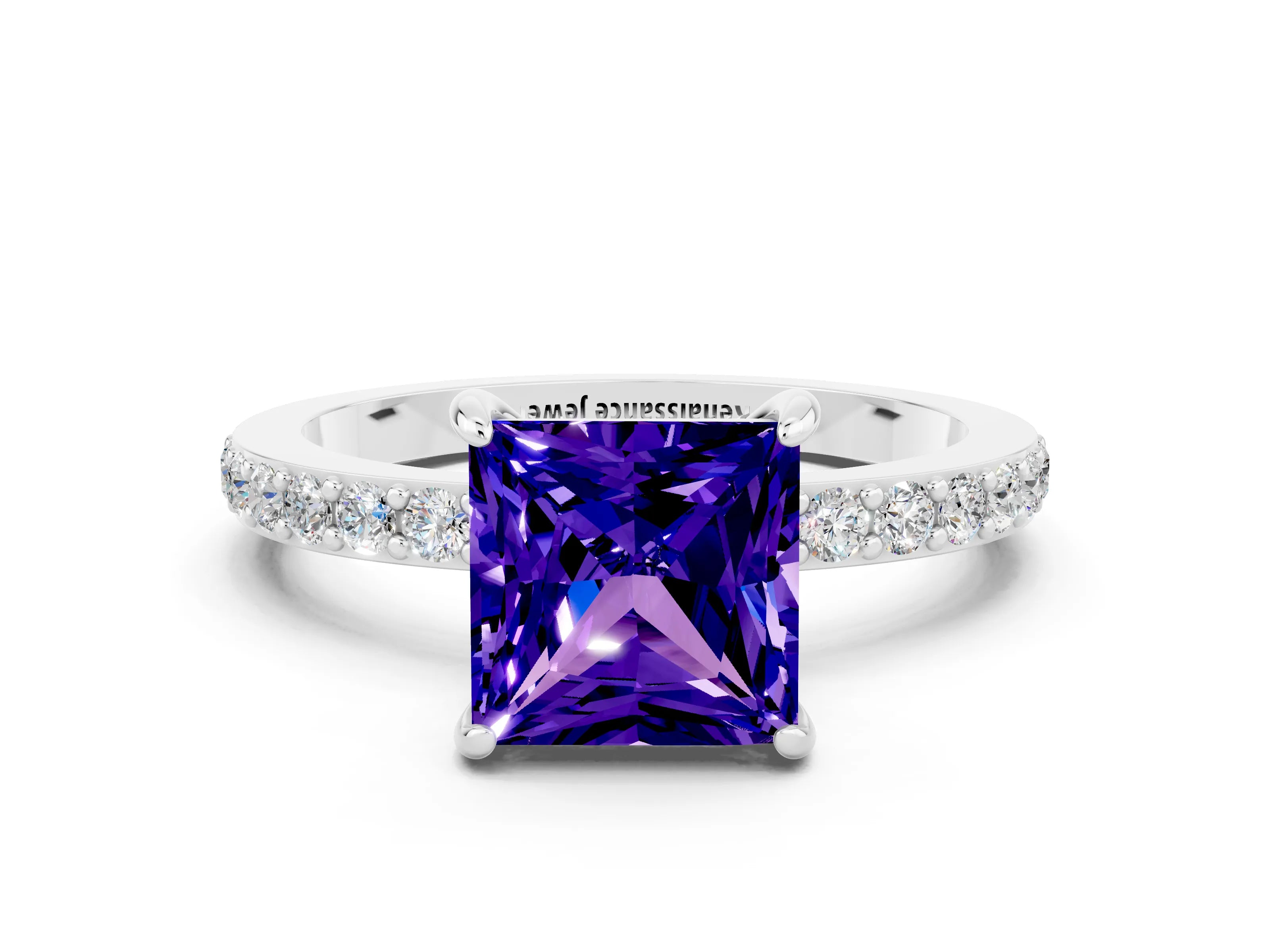 White gold Princess Cut Tanzanite Ring with Pavé Band and Four-Prong Setting