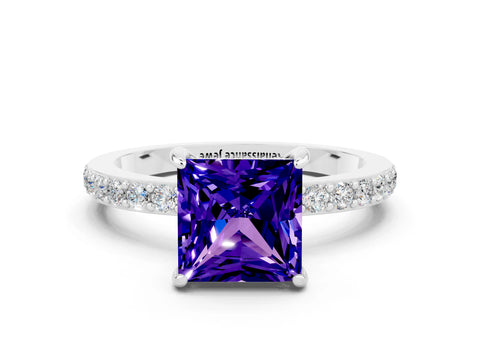 White gold Princess Cut Tanzanite Ring with Pavé Band and Four-Prong Setting