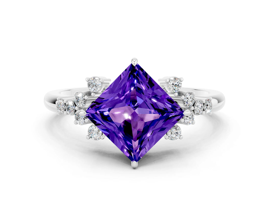 White gold Princess Cut Tanzanite Ring with Side Stones and Four-Prong Setting_36