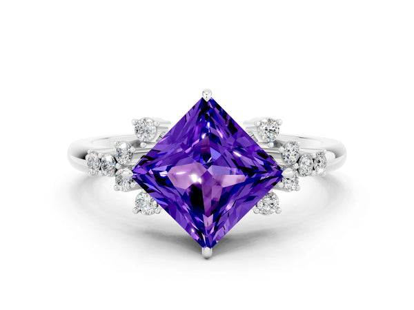 Platinum Princess Cut Tanzanite Ring with Side Stones and Four-Prong Setting
