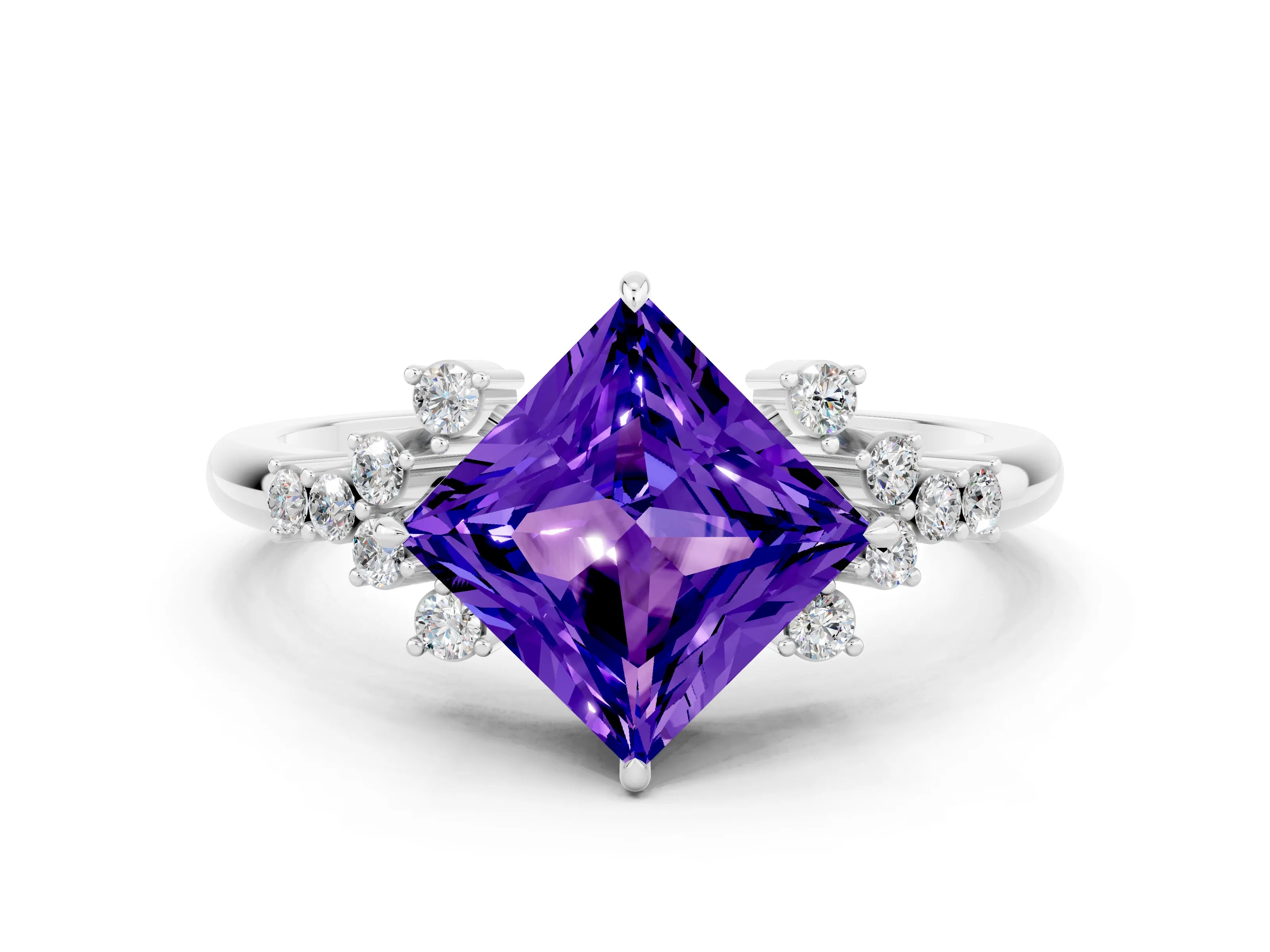 White gold Princess Cut Tanzanite Ring with Side Stones and Four-Prong Setting_36