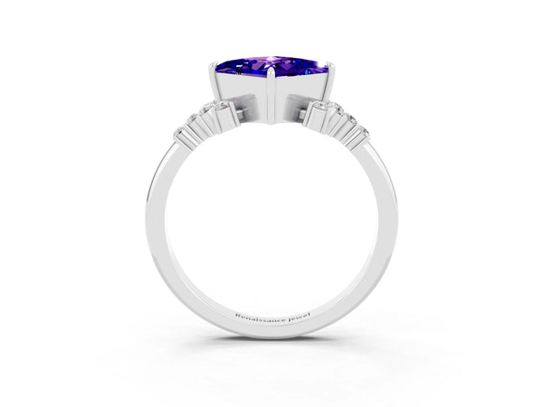 White gold Princess Cut Tanzanite Ring with Side Stones and Four-Prong Setting