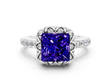 White gold Princess Cut Tanzanite Scalloped Halo Engagement Ring with Round Shared Prong Band_12