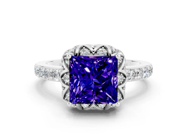Silver Princess Cut Tanzanite Scalloped Halo Engagement Ring with Round Shared Prong Band