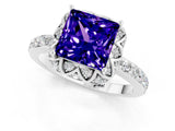 White gold Princess Cut Tanzanite Scalloped Halo Engagement Ring with Round Shared Prong Band_13