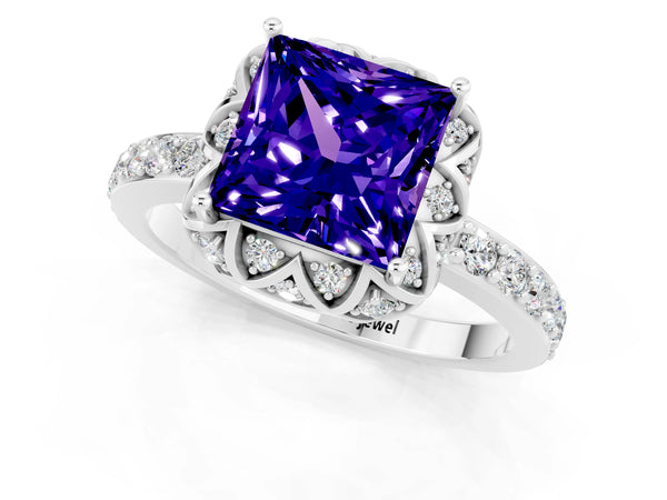 White gold Princess Cut Tanzanite Scalloped Halo Engagement Ring with Round Shared Prong Band