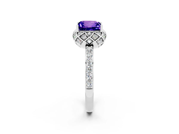 Platinum Princess Cut Tanzanite Scalloped Halo Engagement Ring with Round Shared Prong Band