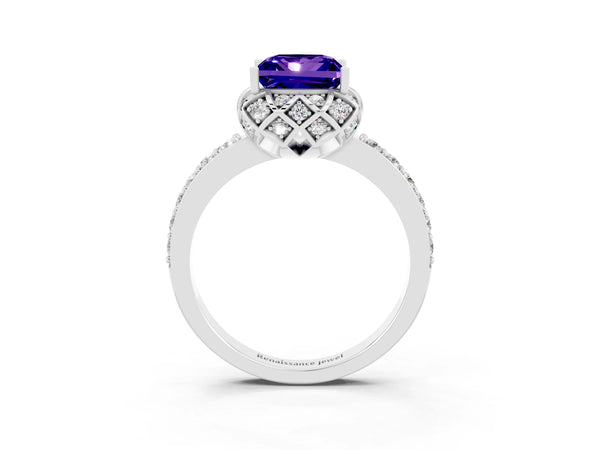Platinum Princess Cut Tanzanite Scalloped Halo Engagement Ring with Round Shared Prong Band