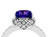 White gold Princess Cut Tanzanite Scalloped Halo Engagement Ring with Round Shared Prong Band_16