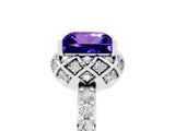 White gold Princess Cut Tanzanite Scalloped Halo Engagement Ring with Round Shared Prong Band_17