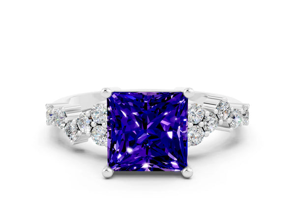 Silver Princess Cut Tanzanite Scattered Round Accent Ring with Prong Setting