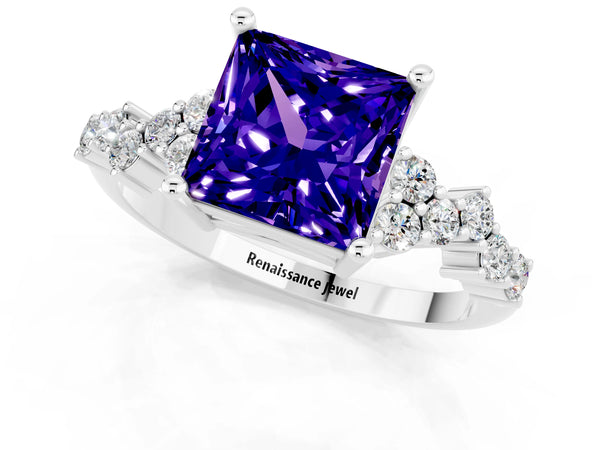 White gold Princess Cut Tanzanite Scattered Round Accent Ring with Prong Setting