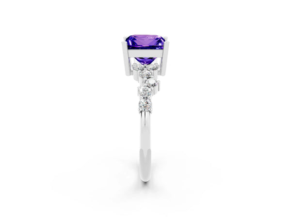 White gold Princess Cut Tanzanite Scattered Round Accent Ring with Prong Setting