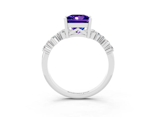 Silver Princess Cut Tanzanite Scattered Round Accent Ring with Prong Setting