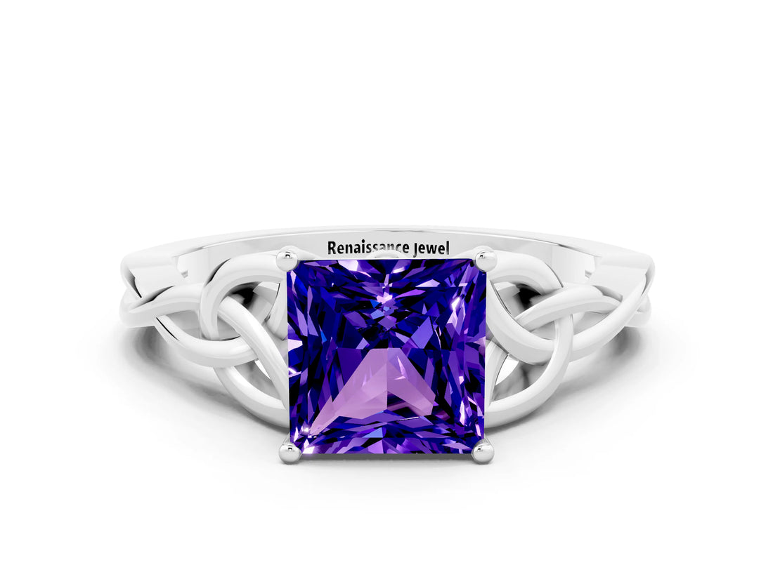 White gold Princess Cut Tanzanite Solitaire Celtic Knot Ring with Four-Prong Setting_12