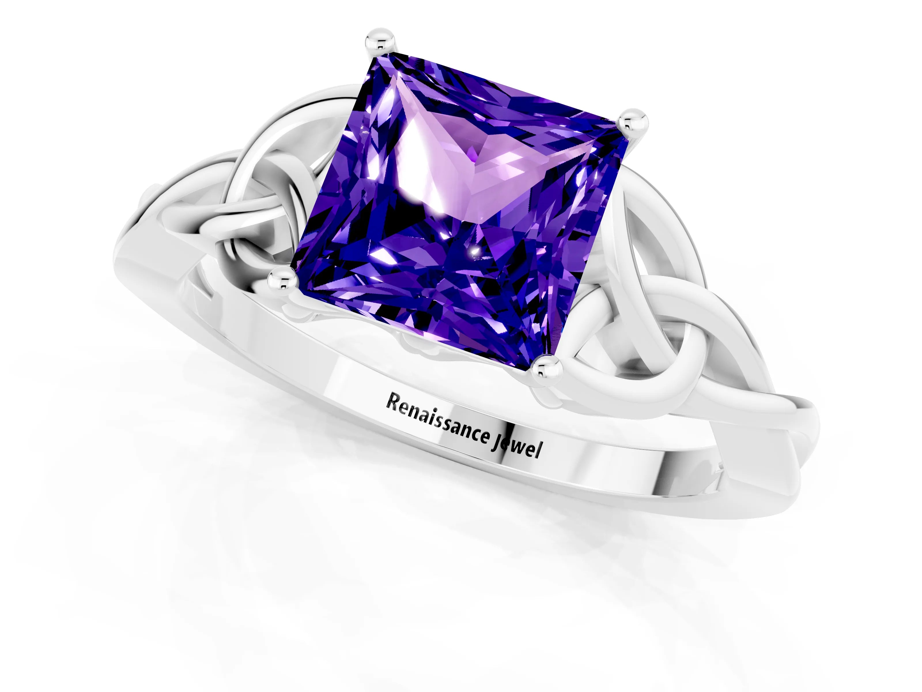 White gold Princess Cut Tanzanite Solitaire Celtic Knot Ring with Four-Prong Setting_13