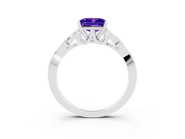 Silver Princess Cut Tanzanite Solitaire Celtic Knot Ring with Four-Prong Setting