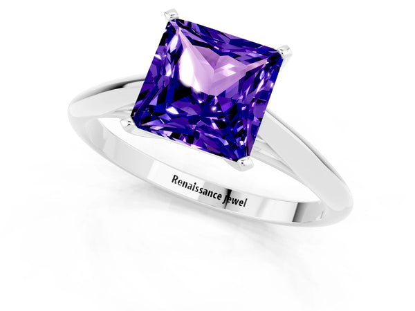 Platinum Princess Cut Tanzanite Solitaire Engagement Ring with Cathedral Setting and Four-Prong Mount