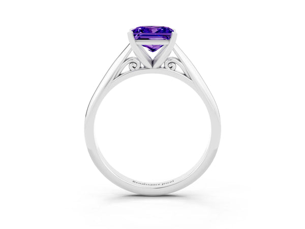 White gold Princess Cut Tanzanite Solitaire Engagement Ring with Cathedral Setting and Four-Prong Mount