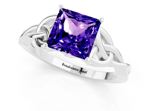 Platinum Princess Cut Tanzanite Solitaire Engagement Ring with Celtic Knot Band and Four-Prong Setting