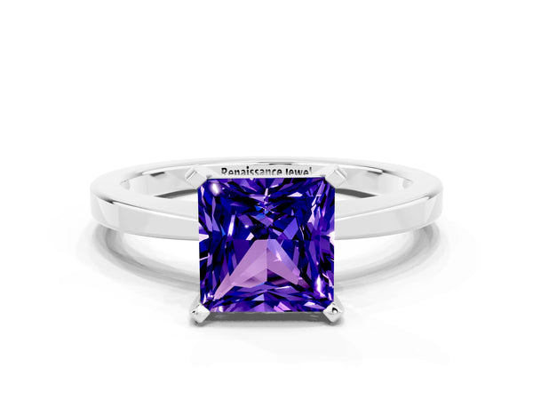 White gold Princess Cut Tanzanite Solitaire Engagement Ring with Classic Band and Four-Prong Setting