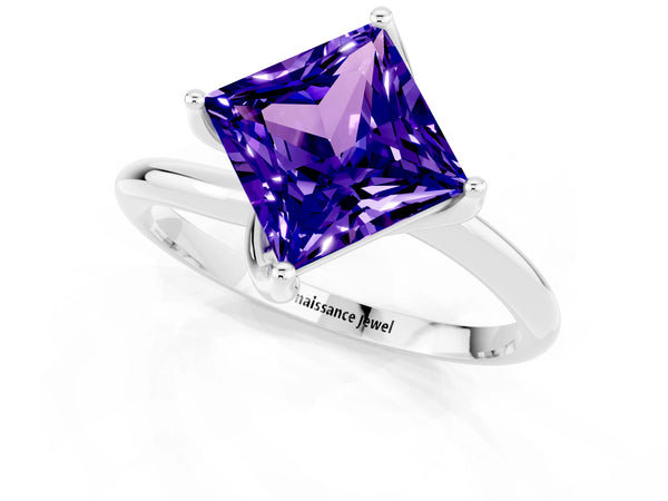 Silver Princess Cut Tanzanite Solitaire Engagement Ring with Four-Prong Setting and Classic Band
