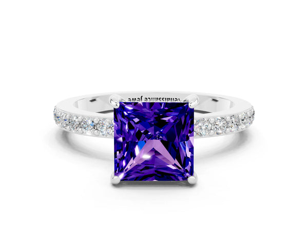 Platinum Princess Cut Tanzanite Solitaire Engagement Ring with Pavé Band and Four-Prong Setting
