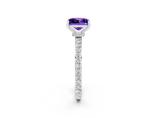 Platinum Princess Cut Tanzanite Solitaire Engagement Ring with Pavé Band and Four-Prong Setting