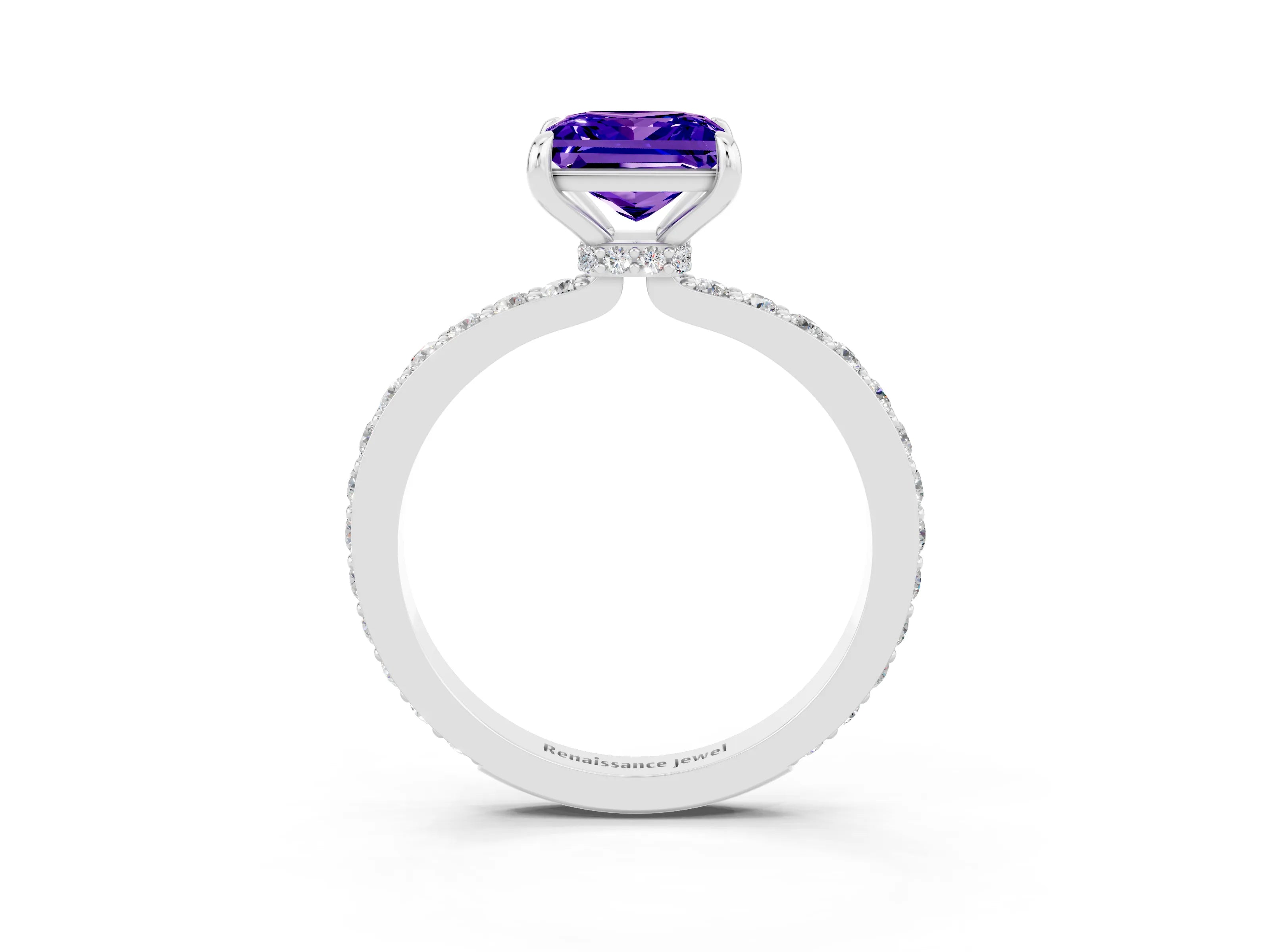 White gold Princess Cut Tanzanite Solitaire Engagement Ring with Pavé Band and Four-Prong Setting_3
