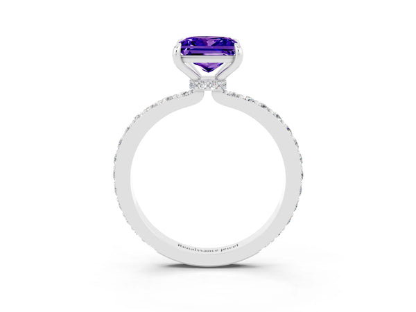 White gold Princess Cut Tanzanite Solitaire Engagement Ring with Pavé Band and Four-Prong Setting