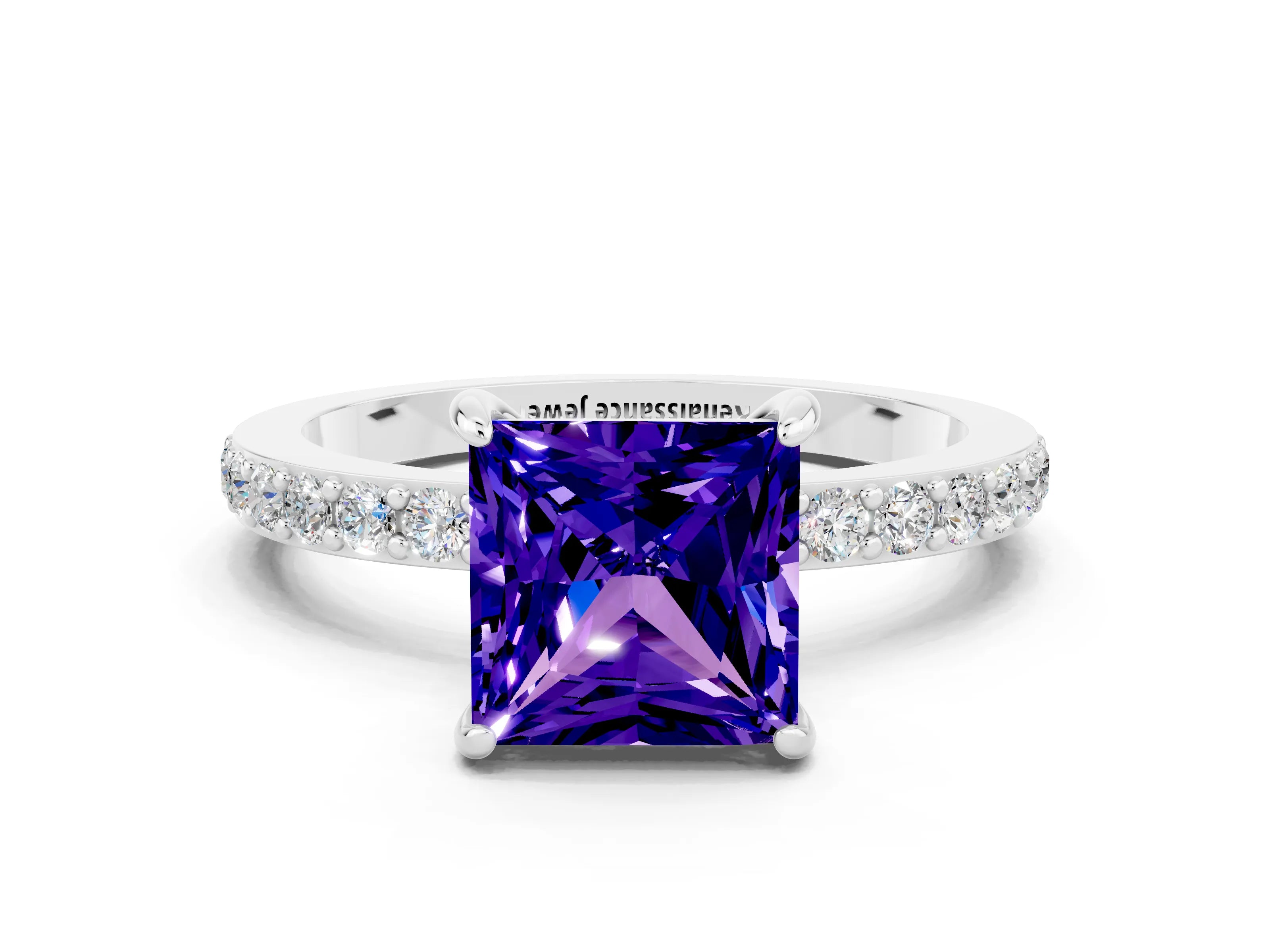 White gold Princess Cut Tanzanite Solitaire Engagement Ring with Pavé Band and Four-Prong Setting