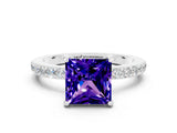 White gold Princess Cut Tanzanite Solitaire Engagement Ring with Pavé Band and Four-Prong Setting
